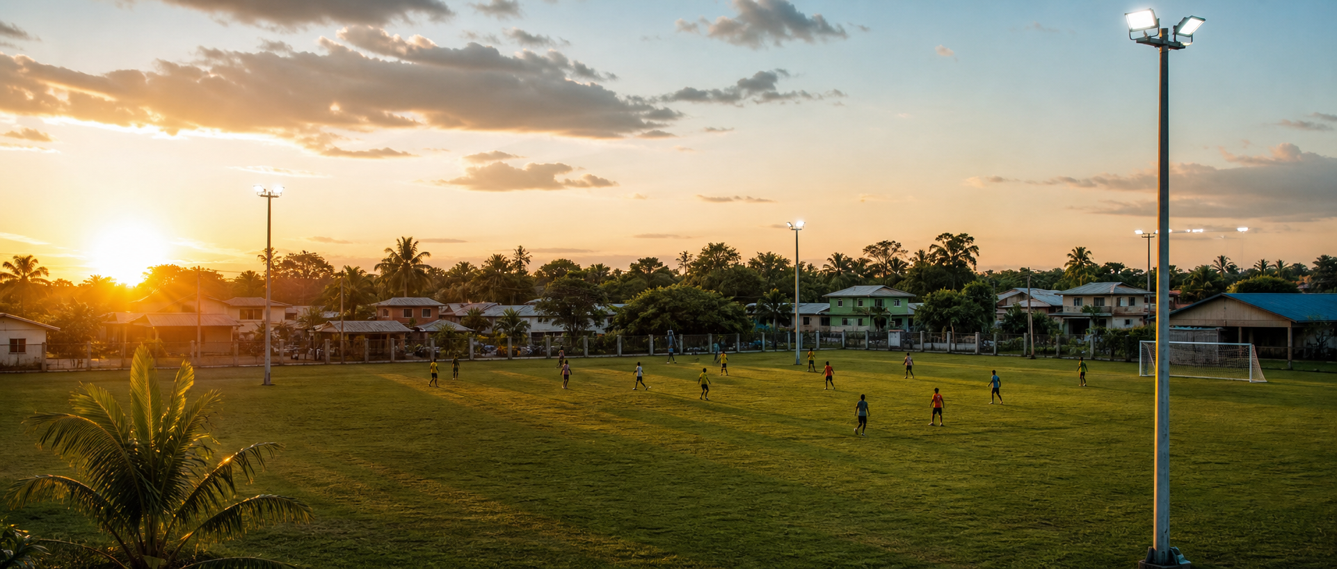 Community sports field with new evening lighting